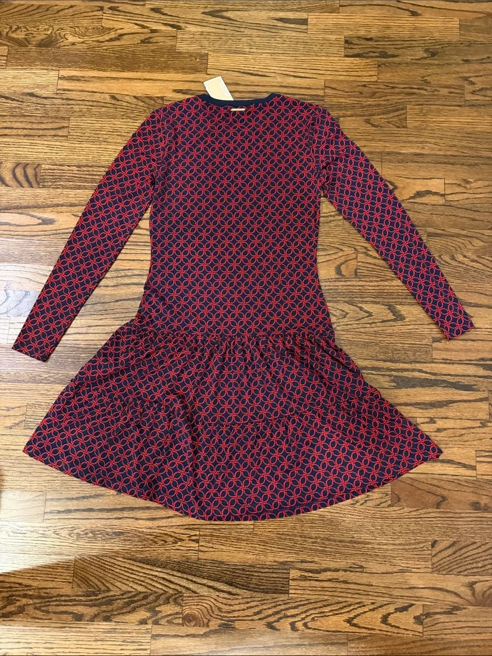 NWT Michael Kors Red & Navy Patterned Long-Sleeve Dress